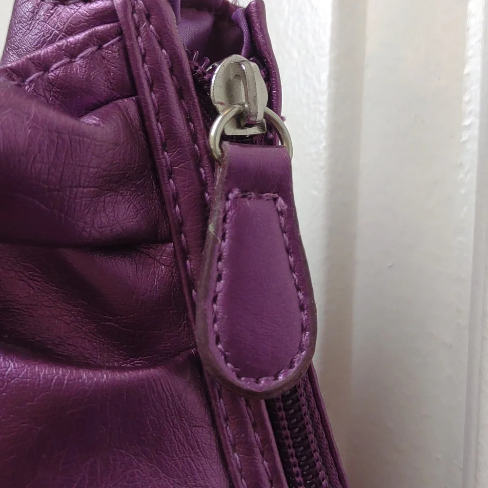 Metallic Purple Ruffles Zip Top Faux Leather Hobo Shoulder Tote Bag NWT